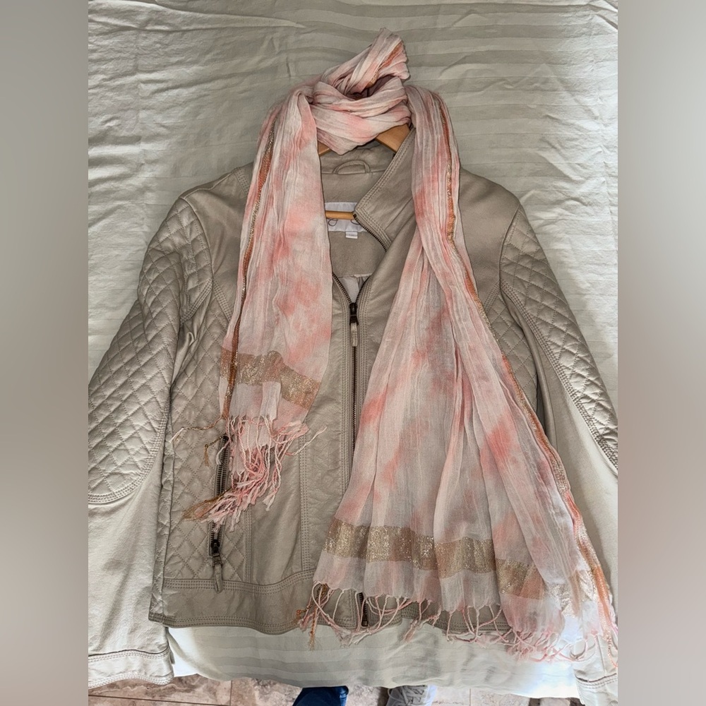 Jessica simpson tan leather coat with scarf